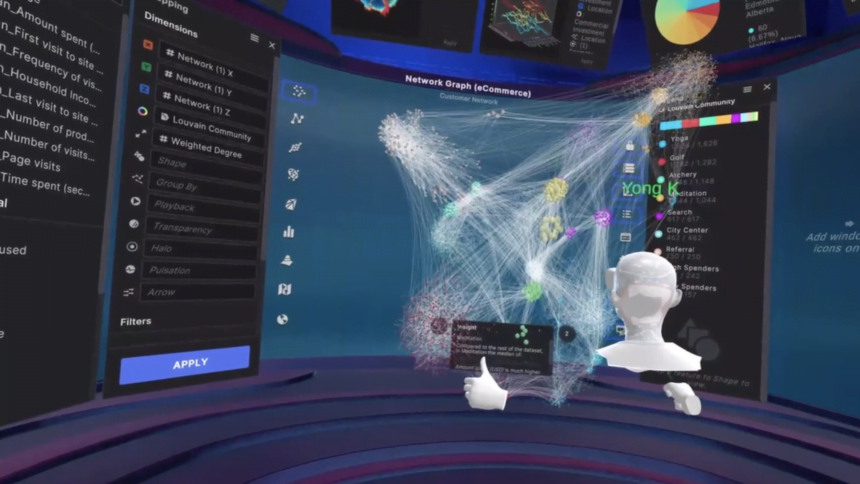 Ein Avatar beobachtet in Virtual Reality verschiedene Bildschirme und visualisierte Datenpunkte.