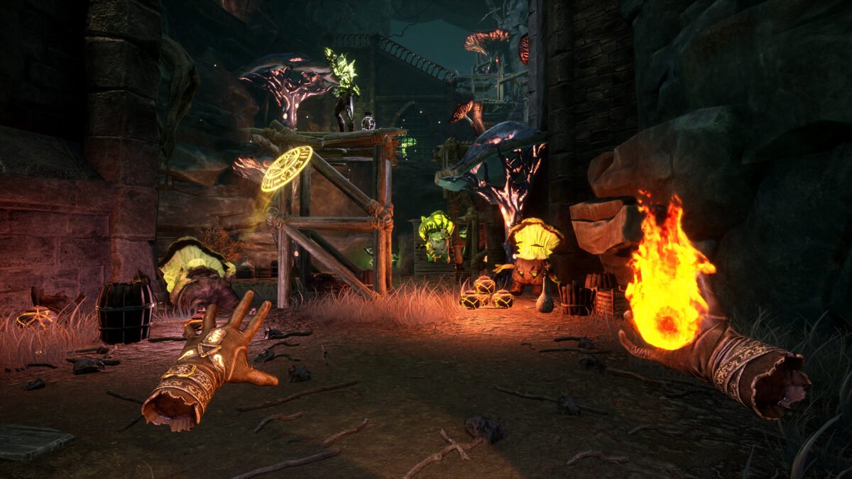 Im VR-Spiel The Wizards - Dark Times beschwört ein Magier einen Feuerball in seiner rechten Hand um heranstürmende Gegner zu besiegen.