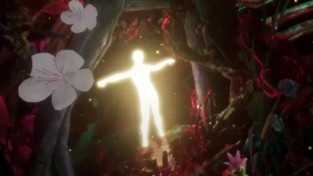 Ein gelb leuchtender menschlicher Körper steht in einem virtuellen Spiegel, umgeben von Blumen.