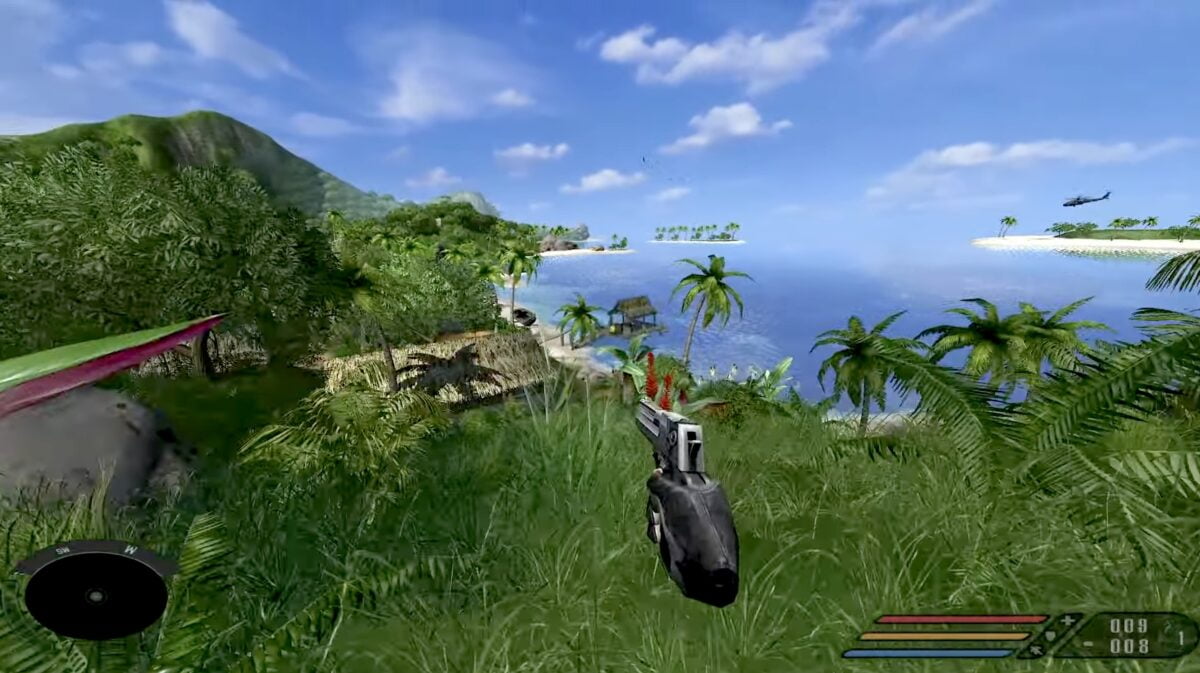 Egoperspektive des Spielers, der mit gezogener Pistole in einer karibischen Landschaft steht.