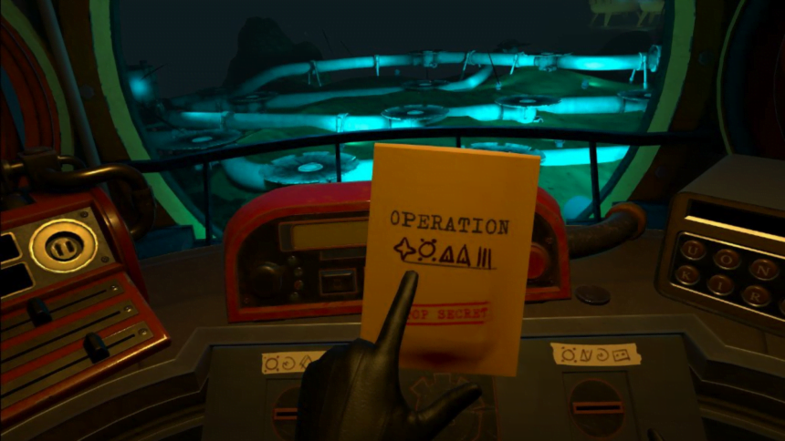 Agent Phoenix liest im VR-Spiel I Expect You To Die 3 einen Umschlag mit mysteriösen Symbolen.