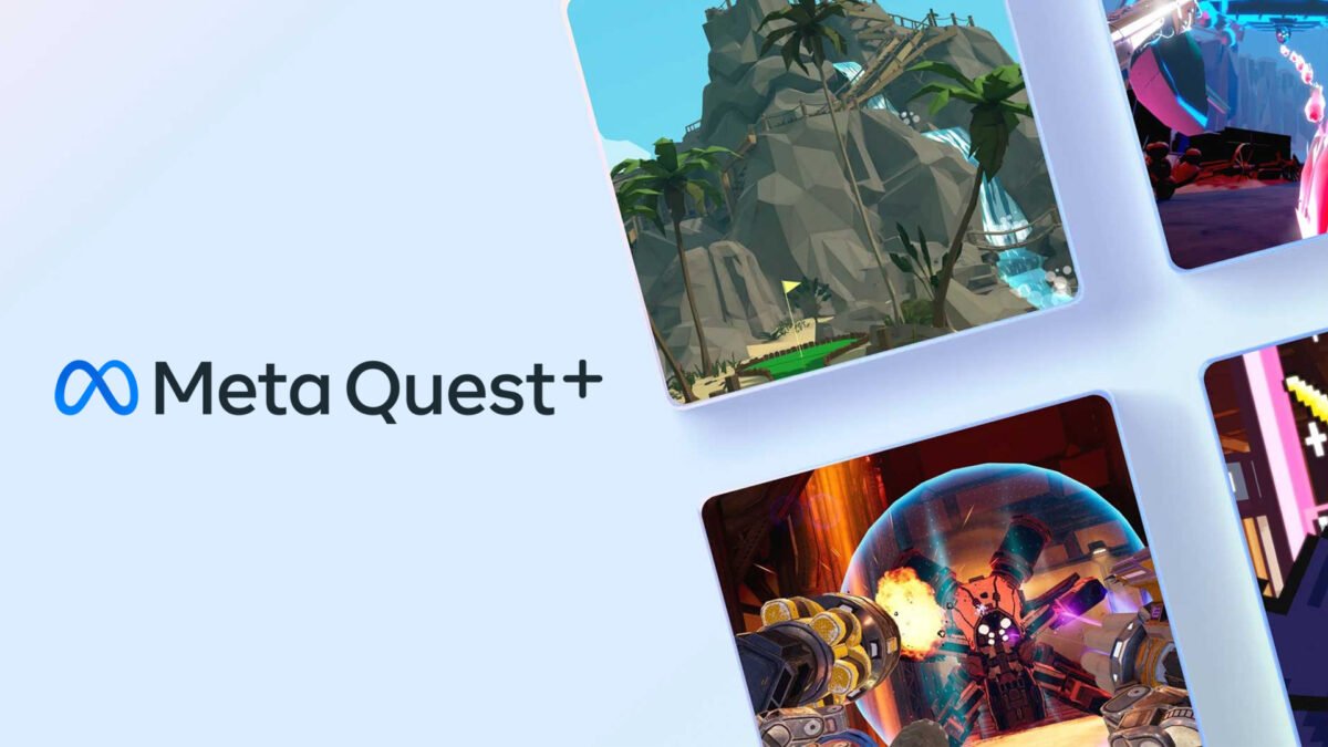 Schriftzug des VR-Abos Meta Quest+ mit Bildern von VR-Spielen.