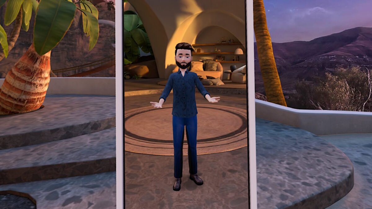 Spiegelbild eines männlichen Avatars mit Beinen in der Home-Umgebung.