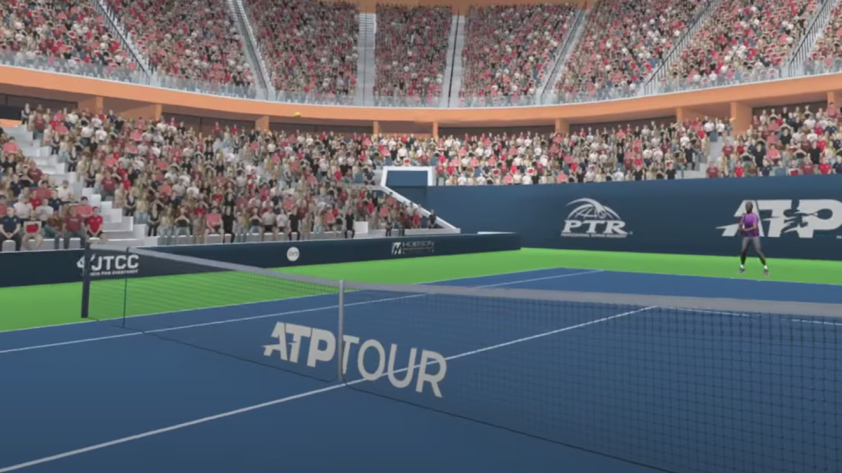 Ein virtueller Tennisplatz im Tennis-VR-Spiel von Sense Arena.