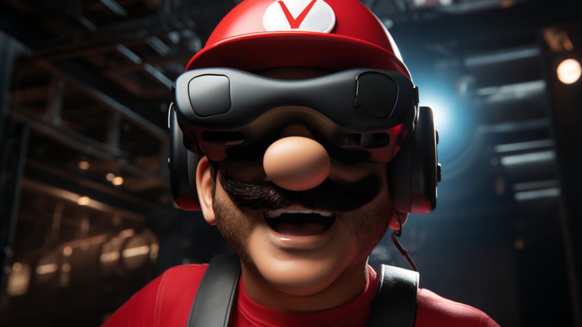 Ein Midjourney-Rendering einer Mario-ähnlichen Figur mit einem V-Helm, die ein VR-Headset trägt.