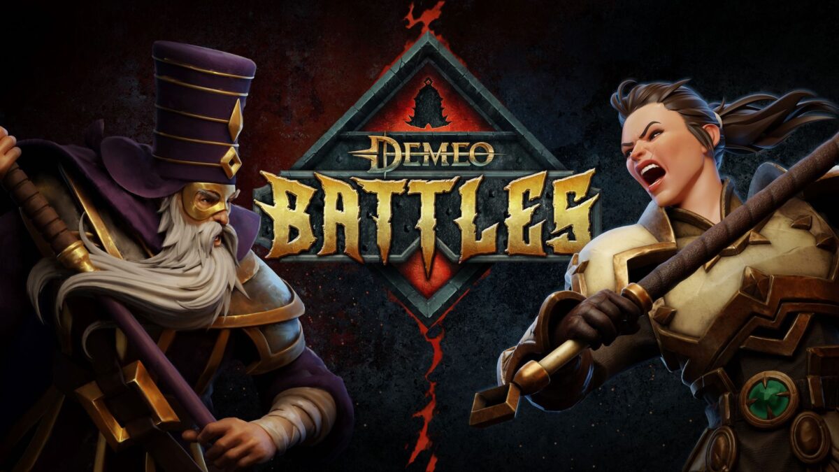 Demeo Battles Logo mit Artwork eines Zauberers und einer Kriegerin an den Seiten.