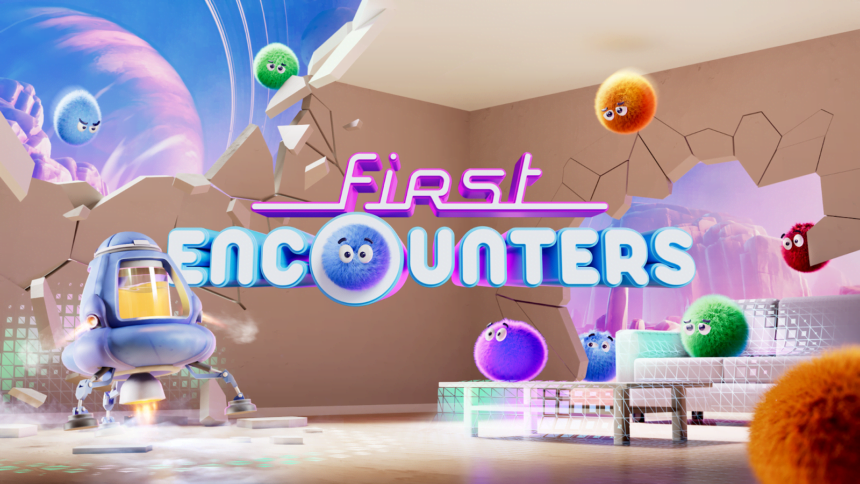 Das Cover des Mixed-Reality-Spiel First Encounters für die Meta Quest 3 zeigt bunte, wuschelige Wesen und einen Roboter.