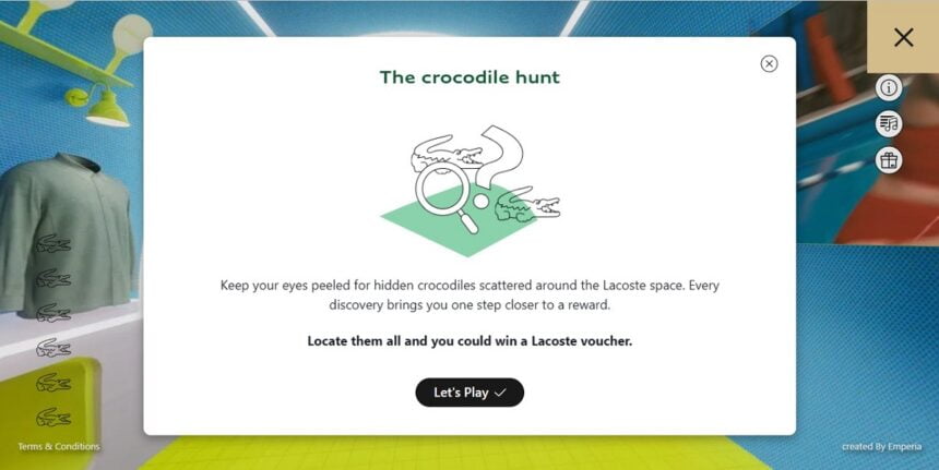 Eine Einladung an die Besucher des virtuellen Lacoste-Geschäfts zur Jagd nach Krokodilen. 