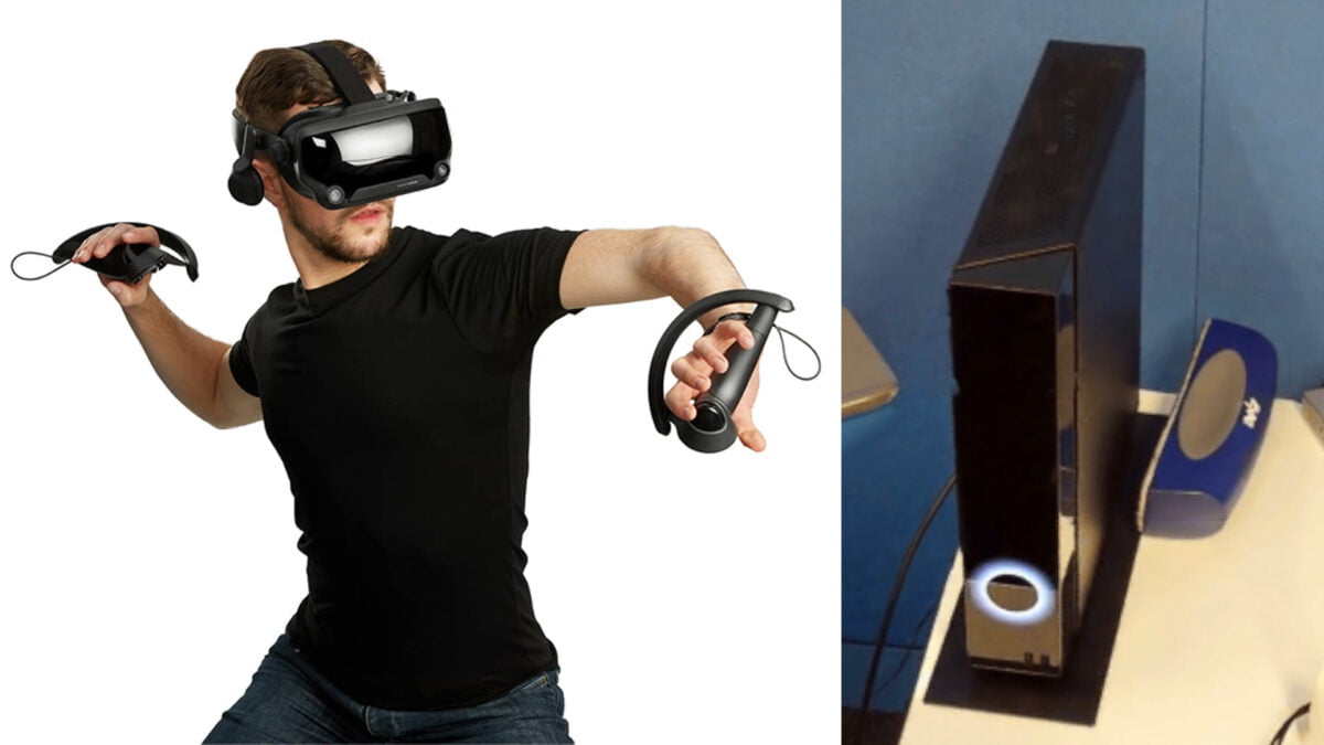 Mann spielt mit Valve Index. Rechts ist das Bild einer unbekannten Konsole zu sehen.