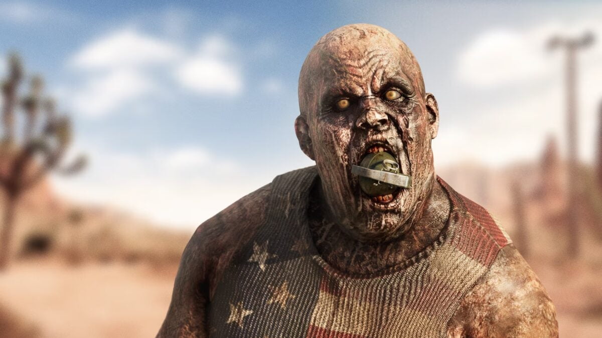 Ein Zombie mit Granate im Mund.