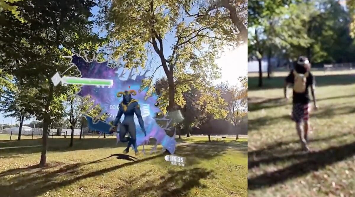 Ein Mann spielt mit Quest 3 in einem Park und sieht einen AR-Gegner vor sich.