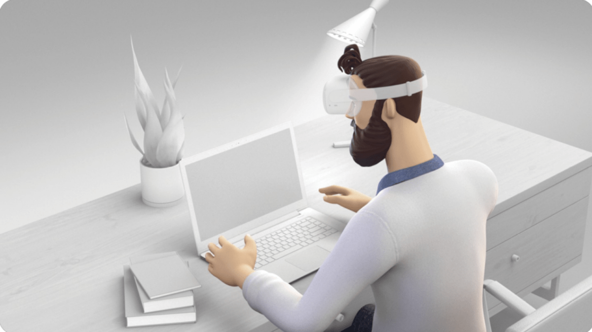 Eine Illustration, die einen VR-Nutzer an einem Computer zeigt, wobei das Headset halb transparent ist.