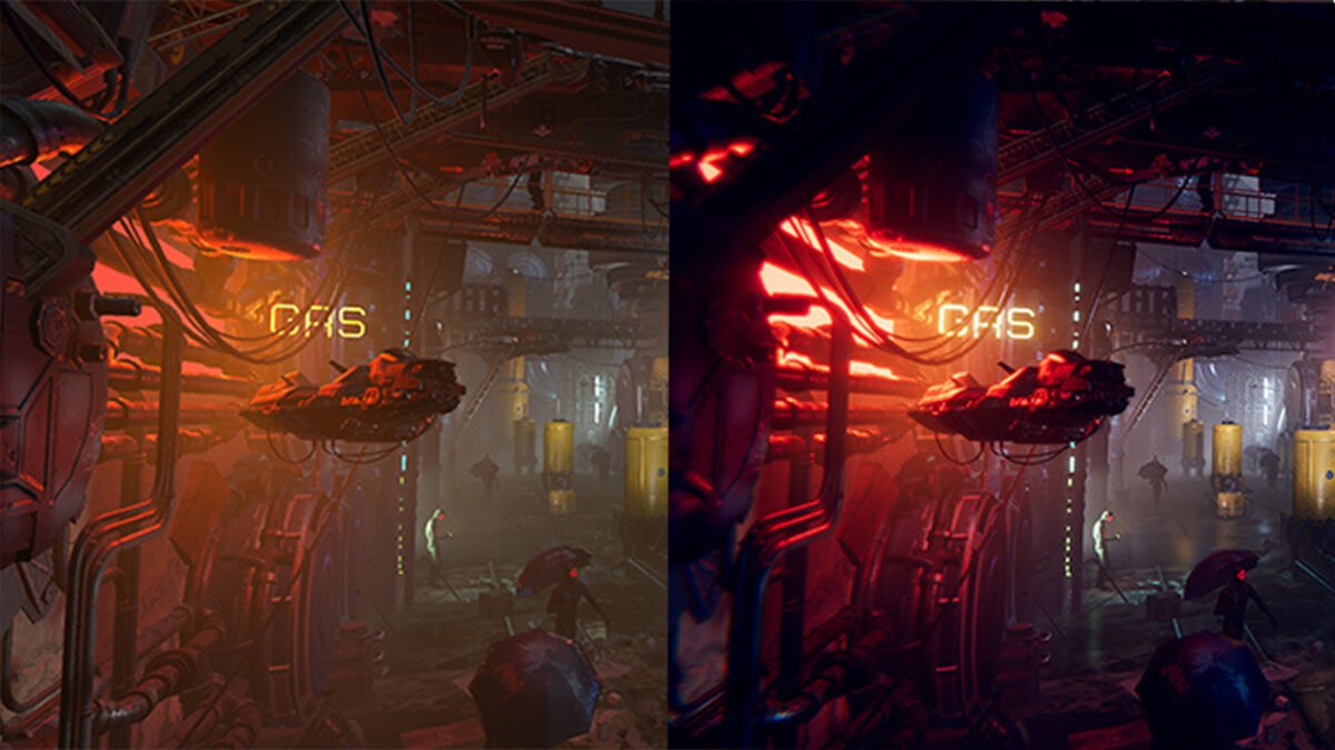 Zwei Screenshots einer Spielszene, links ohne, rechts mit aktiviertem Post-Processing.