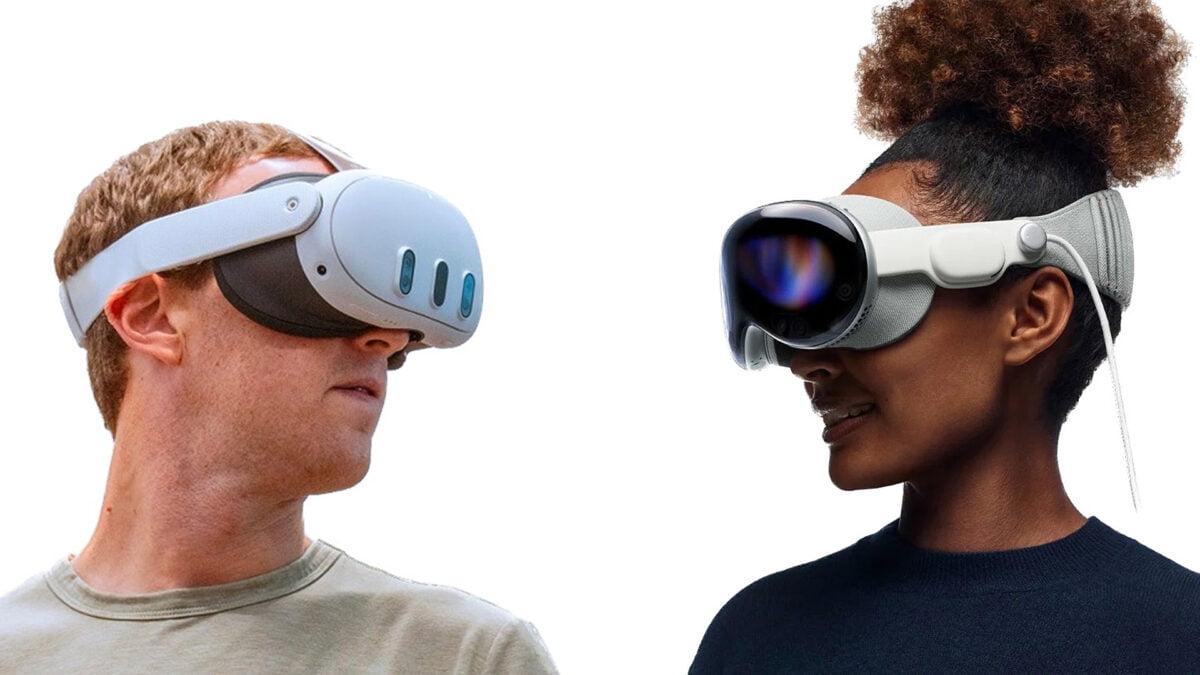 Zuckerberg mit Quest 3 und Frau mit Vision Pro schauen sich gegenseitig an.