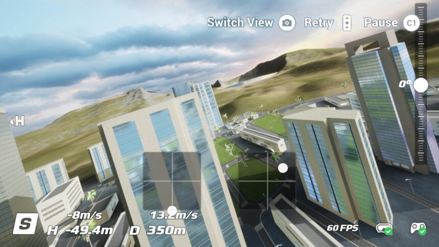 Ein Bildschirmfoto von DJI Virtual Flight im Sportmodus. 