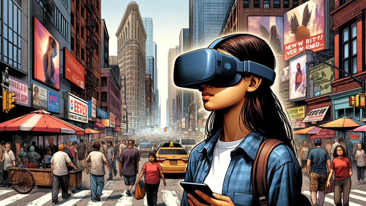 Eine junge Frau, die eine VR-Brille trägt, spaziert durch eine belebte Umgebung in einer US-amerikanischen Innenstadt.