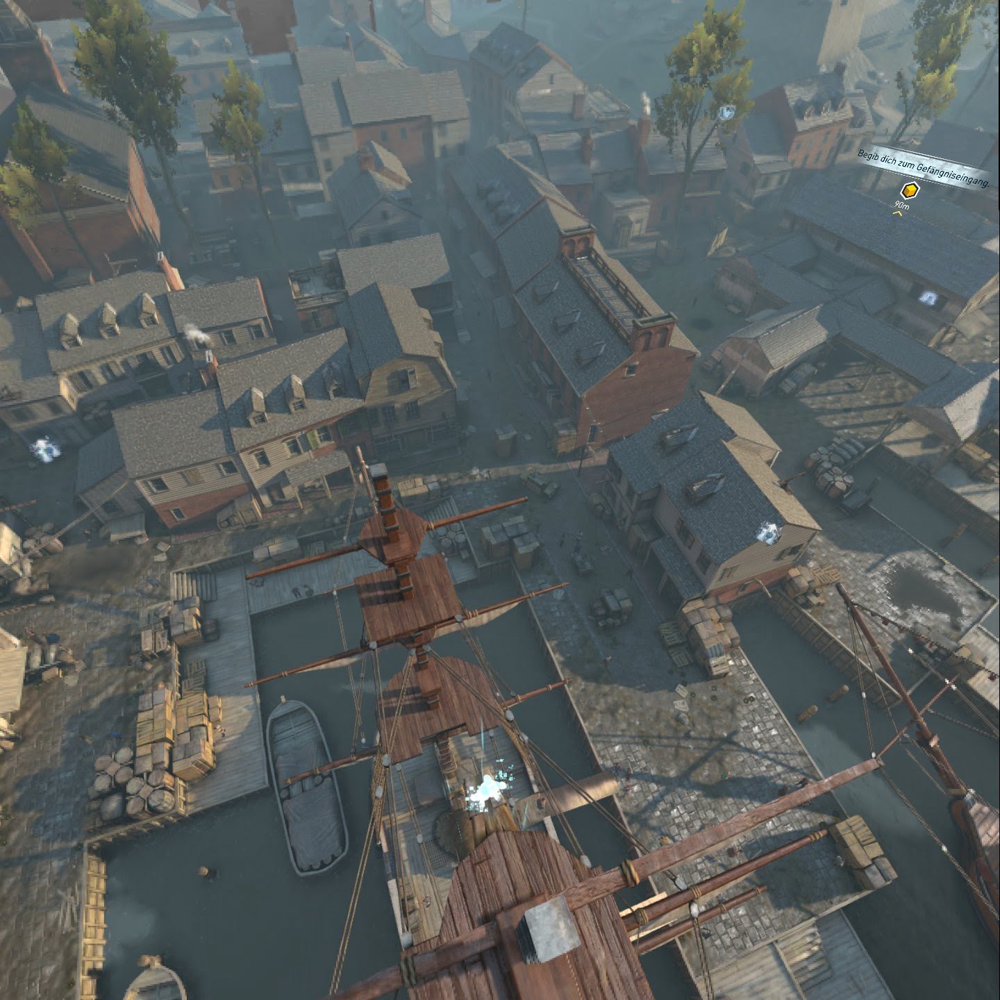 Vogelperspektive im Animus-Späher-Modus von einem alten englischen Kriegsschiff aus im VR-Spiel Assassin's Creed Nexus