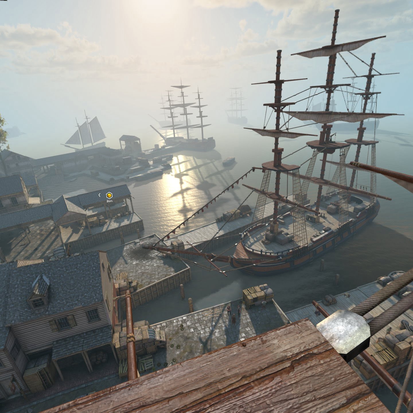 Blick über den Hafen mit englischen Kriegsschiffen im VR-Spiel Assassin's Creed Nexus