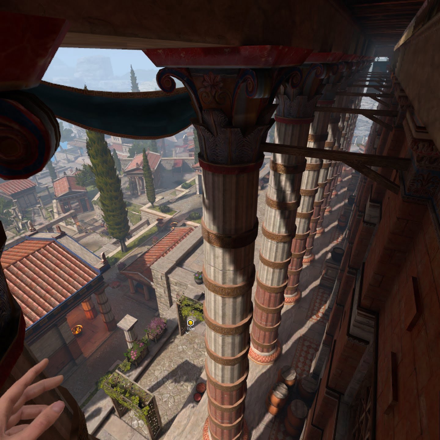 Blick auf den Boden von unterhalb des Daches des Tempels von Demos im VR-Spiel Assassin's Creed Nexus