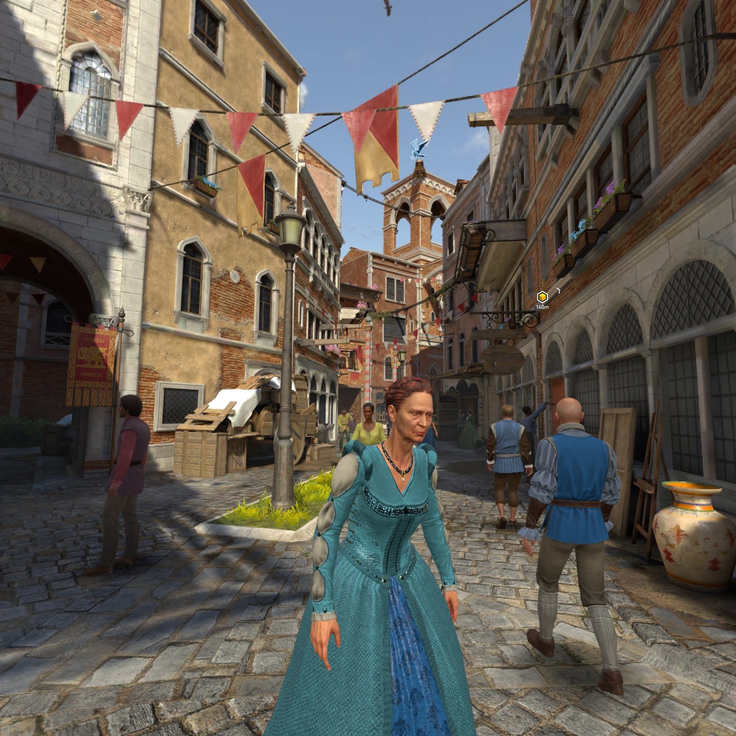 NPCs im VR-Spiel Assassin's Creed Nexus in einer farbenfrohen Gasse in Venedig