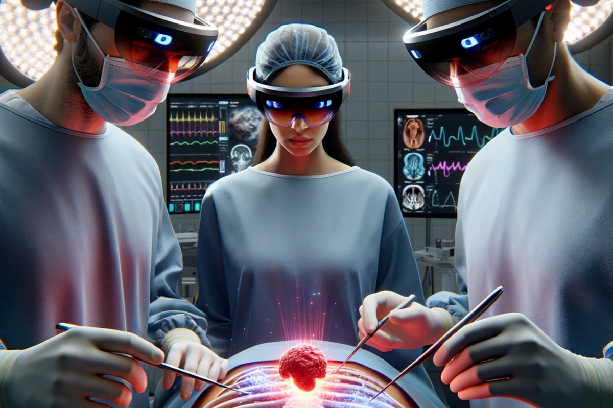 Drei Ärzt:innen über einem offenen Torso und darüber eine AR-Darstellung eines Organs.