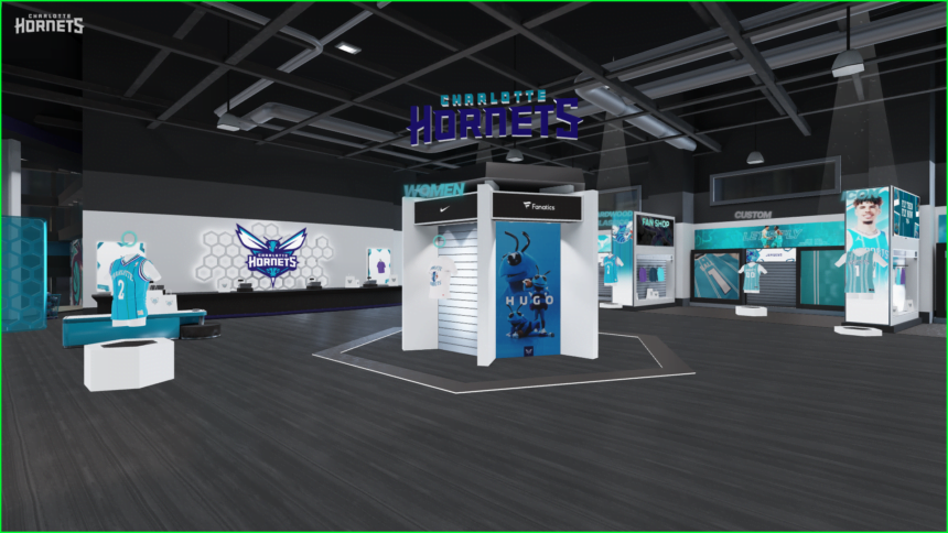 Virtuelle Kunst und Assets im Inneren des virtuellen Charlotte Hornets Fan Shops. 