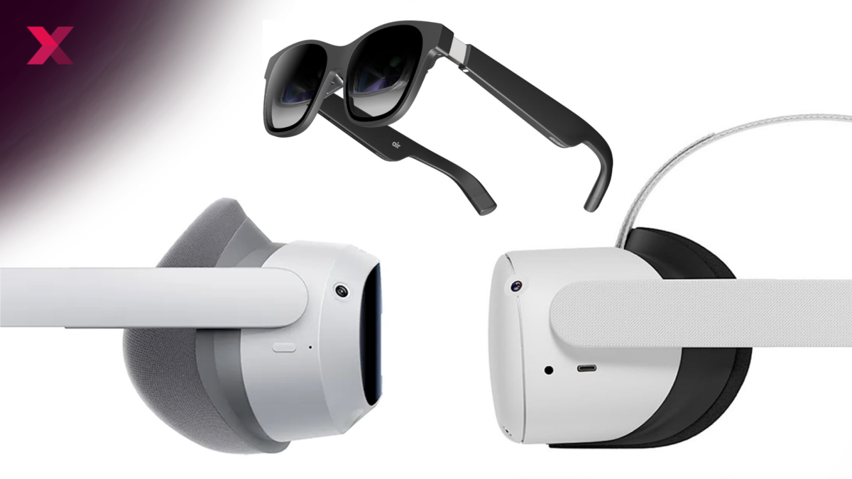 Die VR-Brillen Pico 4 und Meta Quest 2 im Seitenprofil sowie die AR-Brille Xreal Air von schräg vorne.
