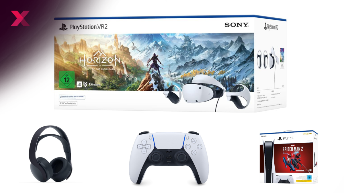Produktbilder der Playstation VR 2, Playstation 5, dem Sony 3D Pulse Headset und dem Sony DualSense Controler.