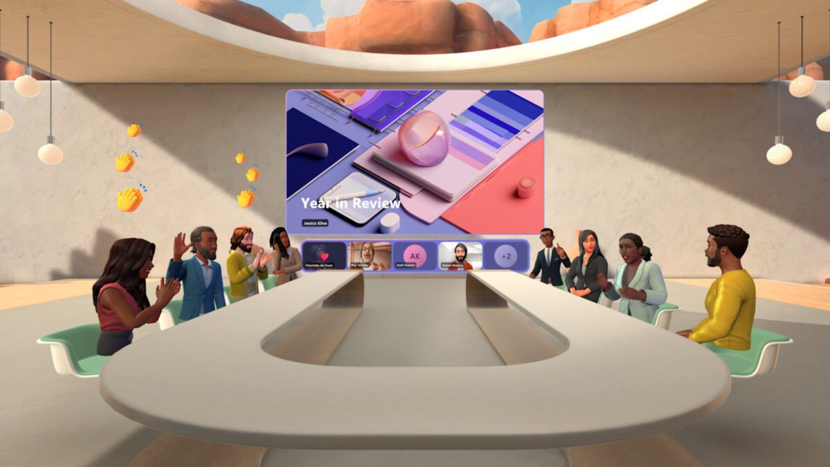 Eine Gruppe von Avataren sitzt an einem virtuellen Konferenztisch in Microsoft Mesh.