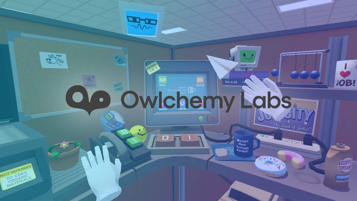Owlchemy Labs Logo mit Hintergrund aus Vacation Simulator.
