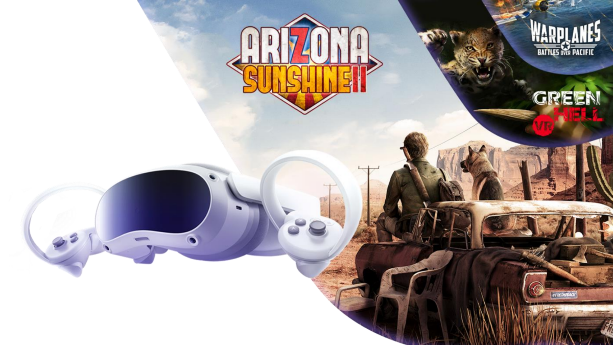 Die VR-Brille Pico 4 und die Titelbilder zu den VR-Spielen Warplanes, Arizona Sunshine 2 und Green Hell VR.