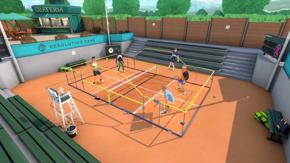 Blick auf ein Doubles-Racket-Spielfeld in VR.