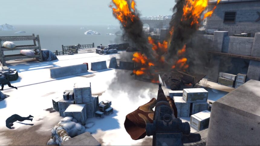 Die Spielfigur im VR-Spiel Sniper Elite VR: Winter Warrior schaut aus erhöhter Position auf eine Explosion in einem Innenhof herab.