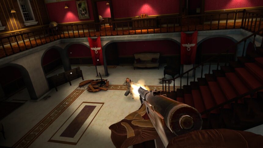Die Spielfigur im VR-Spiel Sniper Elite VR: Winter Warrior liefert sich im Eingangsbereich einer Villa ein Feuergefecht mit einer Wache.