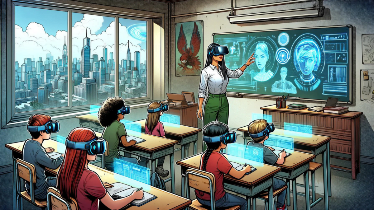 Ein Blick auf ein Klassenzimmer, in dem Lehrerin und Schüler VR-Brillen für einen interaktiven Unterricht nutzen.