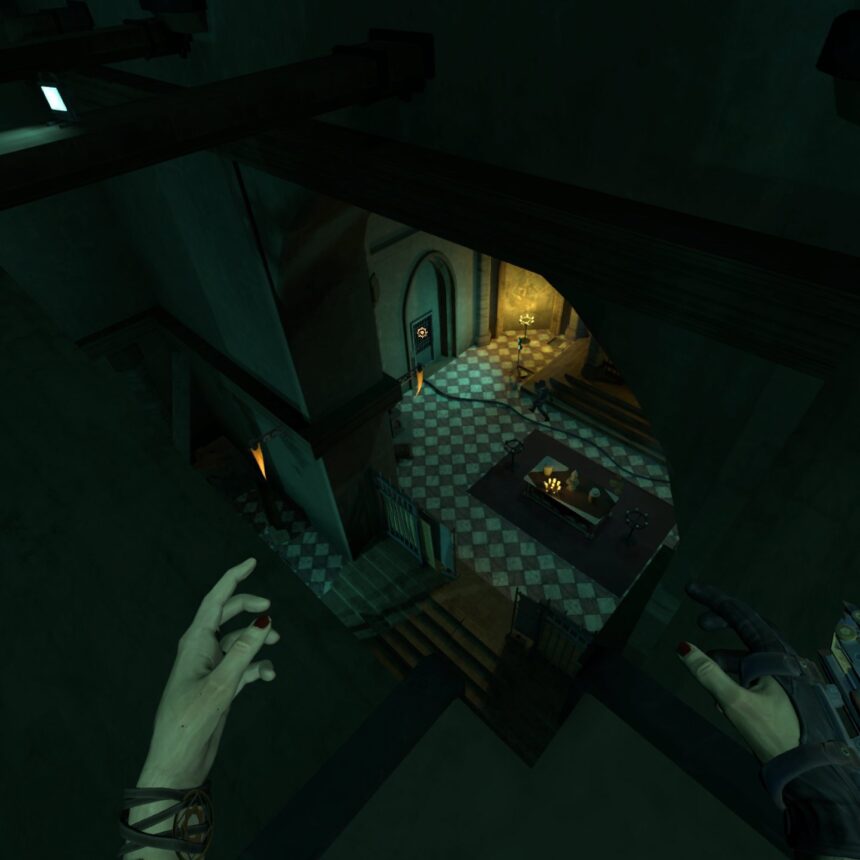 Blick von oben auf einen Altarraum einer Kirche im VR-Spiel Vampire The Masquerade Justice