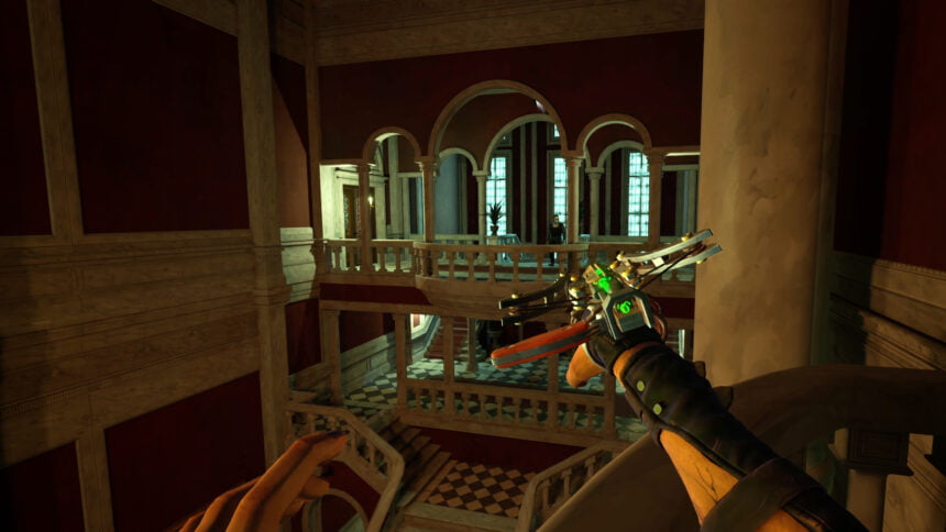 Mit einer Handarmbrust zielt Justice im VR-Spiel Vampire The Masquerade Justice auf eine Wache.