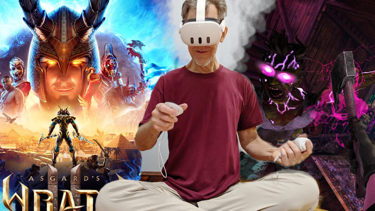 Alan Truly trägt ein Quest 3 und sitzt zwischen Spielbildern von Asgard's Wrath 2 und Drop Dead The Cabin