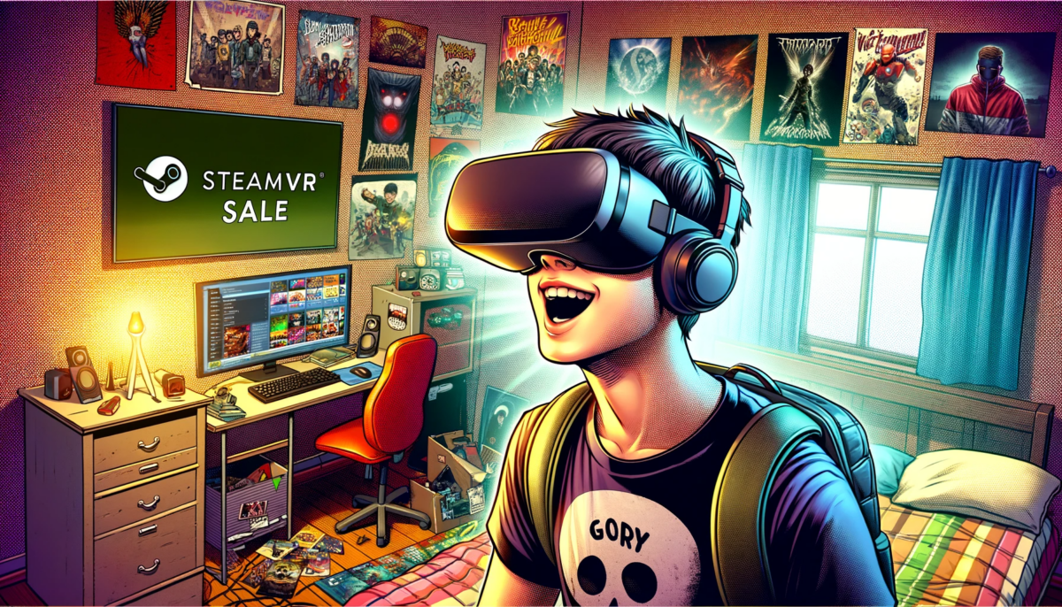 Das Bild in einem realistischen Comic-Stil zeigt einen Jungen mit einer VR-Brille, der sich über einen Sale auf der VR-Plattform SteamVR freut, bei der es hunderte Spiele zu stark reduzierten Preisen gibt.
