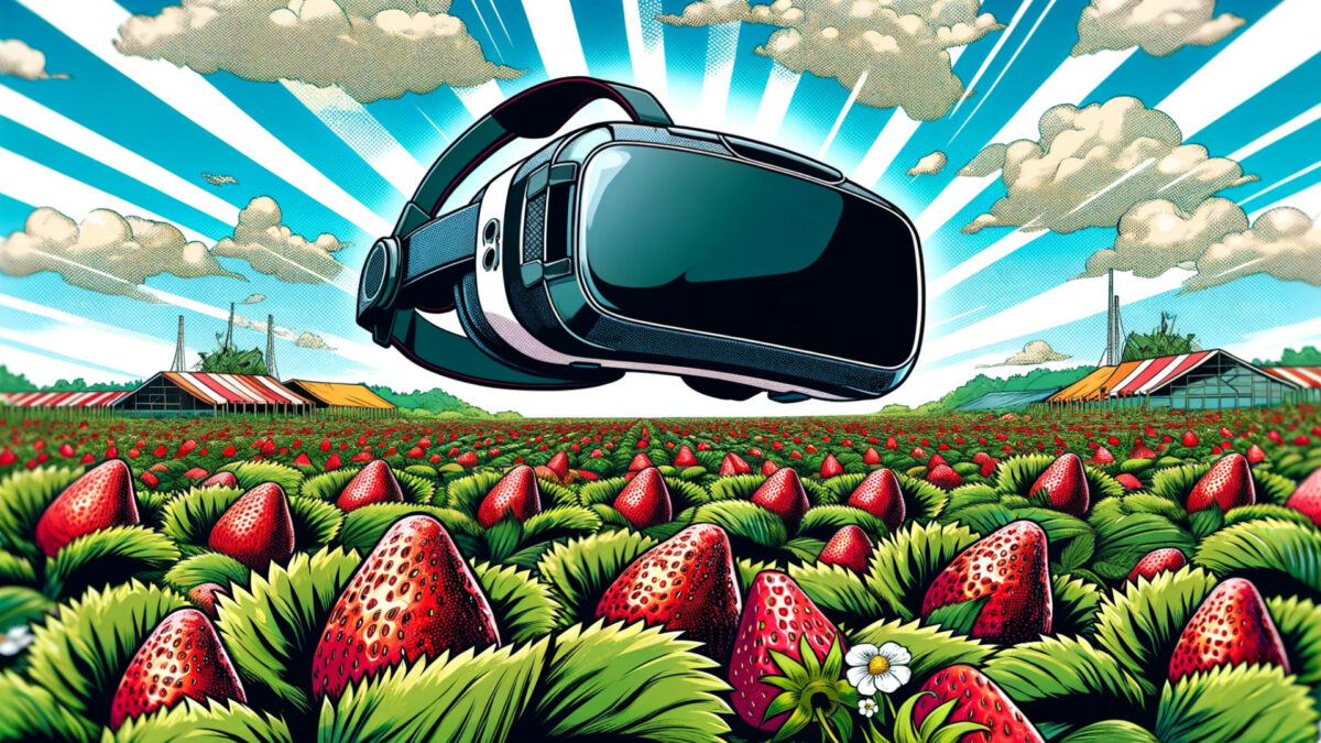 Ein Erdbeerfeld, pulsierend und voll mit reifen Erdbeeren. Ein VR-Headset zeichnet sich am Horizont ab.