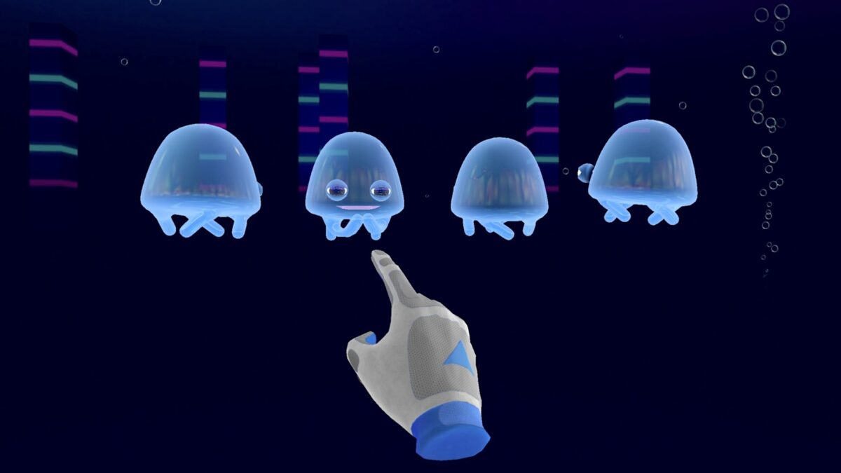 Ein Minispiel aus Enhance VR: Der Spieler zeigt auf einen von vier virtuellen Tintenfischen.