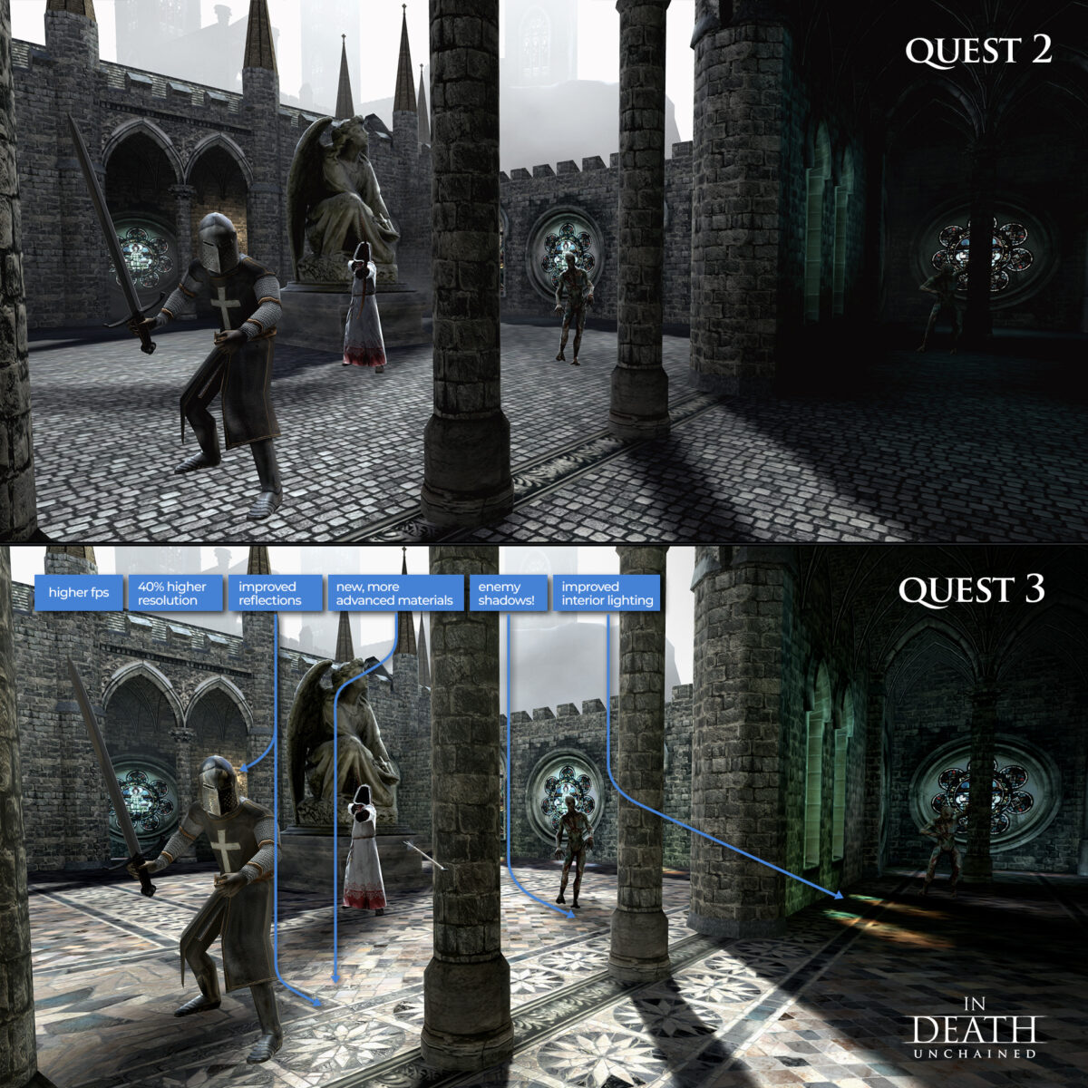 Oberes Bild: Typische Szene aus In Death Unchained auf Quest 2. Unteres Bild: Gleiche Szene mit verbesserter Grafik auf Quest 3.