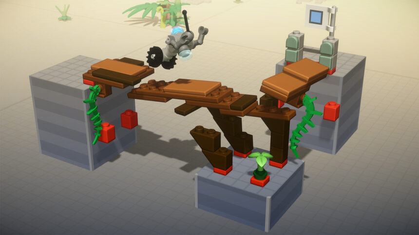 Lego Bricktales: Eine Lego-Bücke zerbricht unter dem Gewicht eines Roboters.