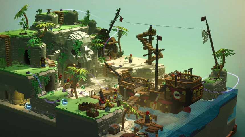 Eine Bucht mit Piratenschiff in Lego Bricktales auf der Quest 3.