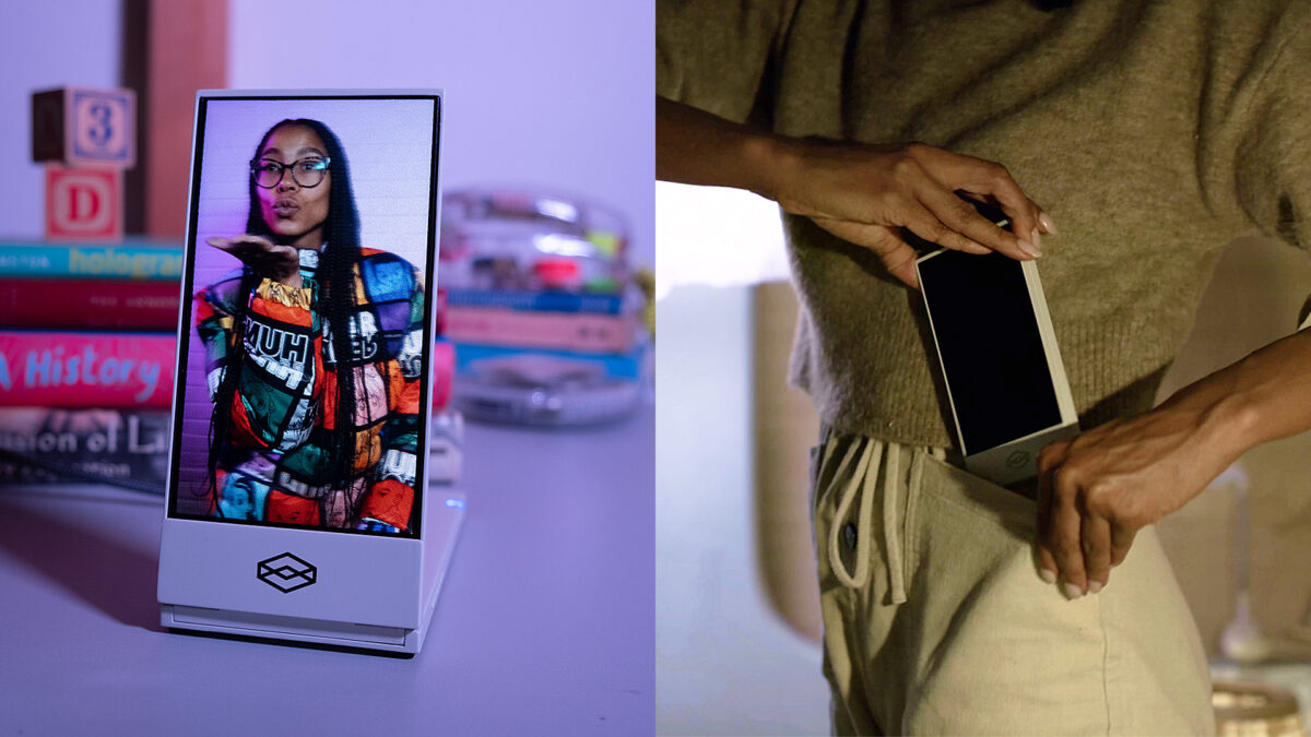 Links: Bild von Looking Glass Go auf einem Tisch mit dem Porträt einer Frau. Rechts: Eine Frau steckt sich Looking Glass Go in die Hosentasche.
