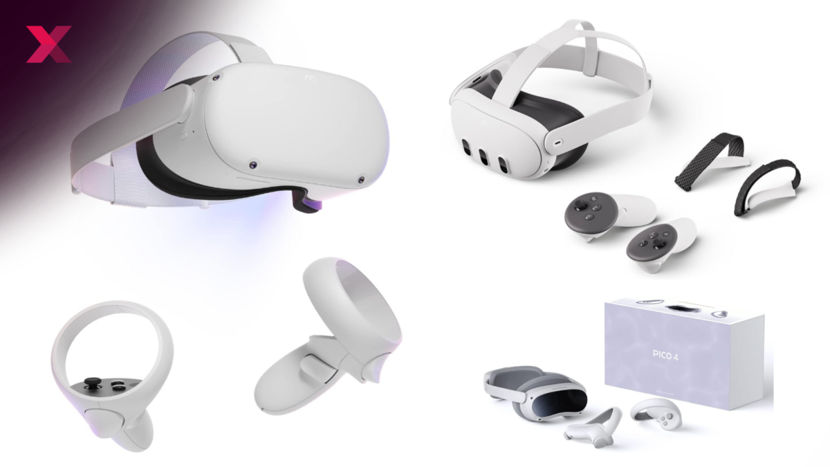 Produktbilder der VR-Brillen Meta Quest 2, Quest 3 und Pico 4, jeweils mit Controllern.