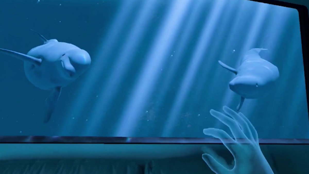 Eine Mixed Reality-App zeichnet ein virtuelles Fenster mit Blick auf eine Unterwasserwelt mit Delfinen in einen physischen Raum.