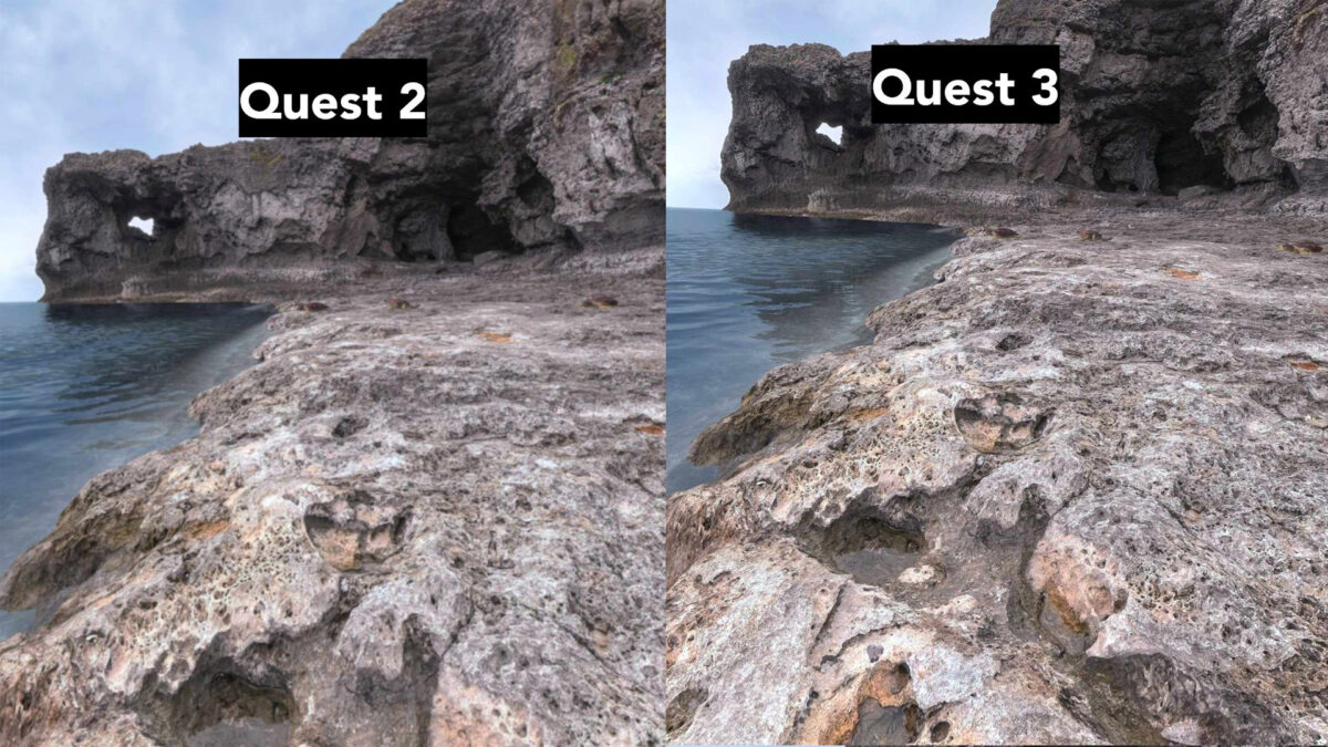 Linkes Bild: Küstenszene aus Real VR Fishing auf Quest 2. Rechtes Bild: Gleiche Szene deutlich schärfer auf Quest 3.