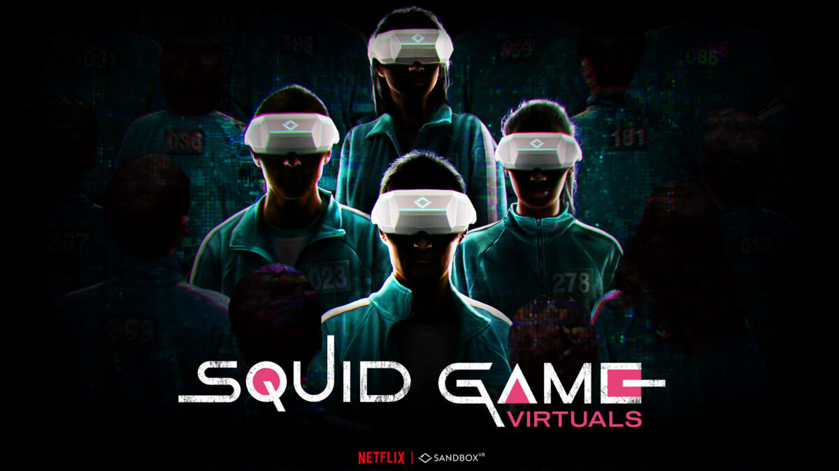 Offizielles Poster von Squid Game Virtuals mit vier Spielerinnen, die eine VR-Brille tragen.
