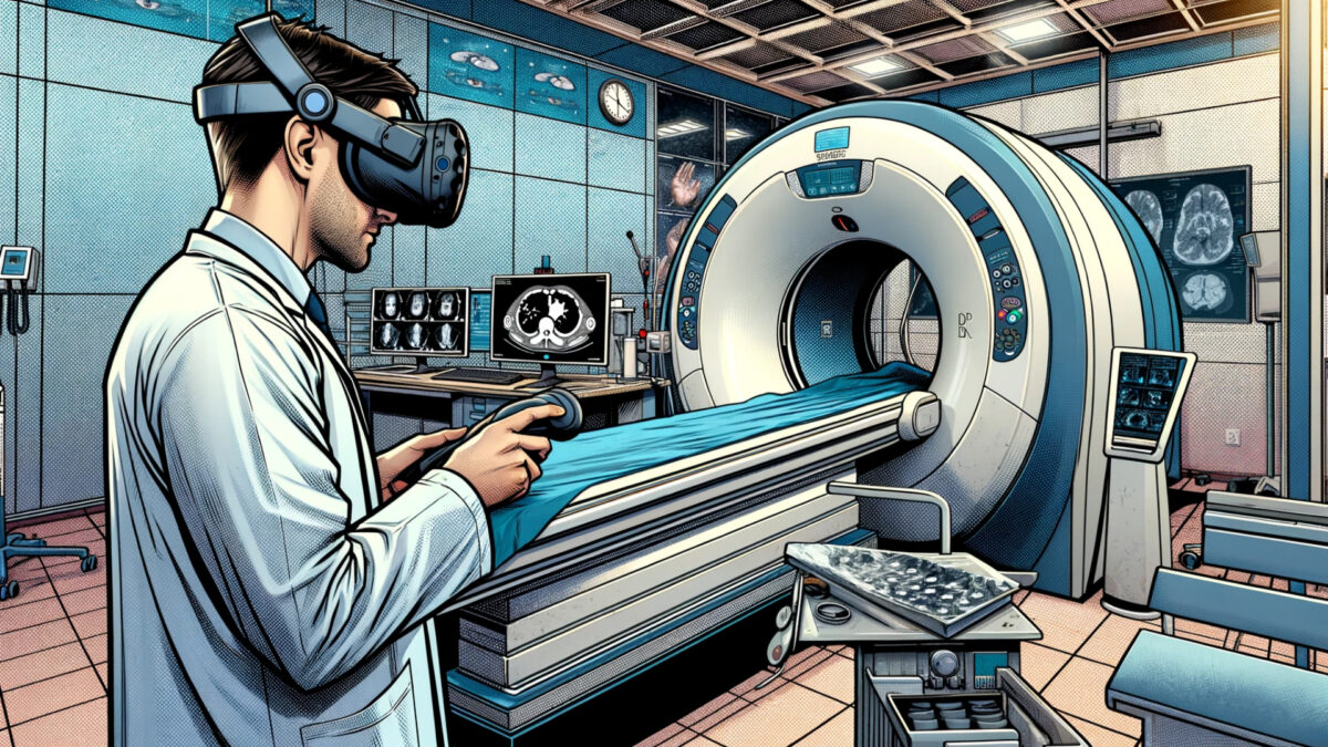 A realistic comic-style illustration depicting a technologist wearing a VR headset in a radiology room with a CT scanner.